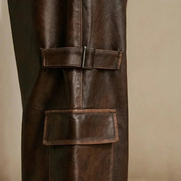 Coffee Brown Casual Women's Merlot Vintage Distressed Faux Cargo Pants - Picture 6 of 6